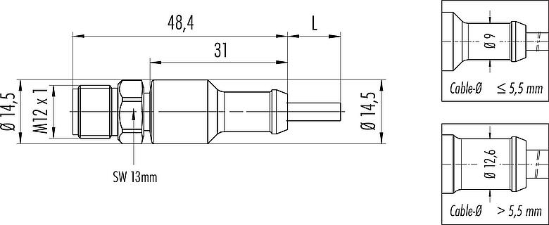 Dessin coté M12 Connecteur mâle, Contacts: 4, non blindé, surmoulé sur le câble, IP67/IP69K, UL 2238, Ecolab, PVC, gris, 4 x 0,34 mm², Acier inoxydable, 5 m