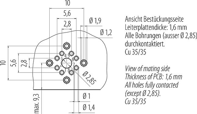 Conductor layout M12 Contact insert, Contacts: 8, shieldable, THT, IP67, UL