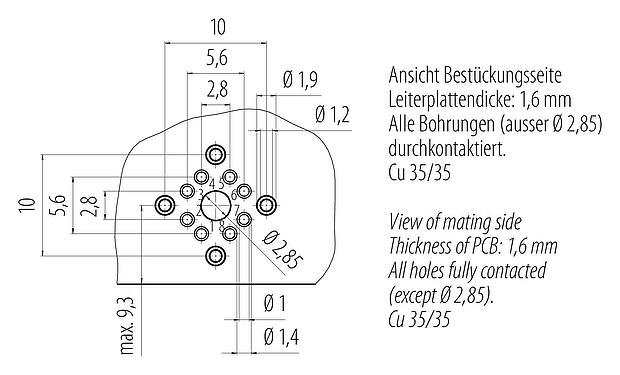 Conductor layout M12 Contact insert, Contacts: 8, shieldable, THT, IP67, UL
