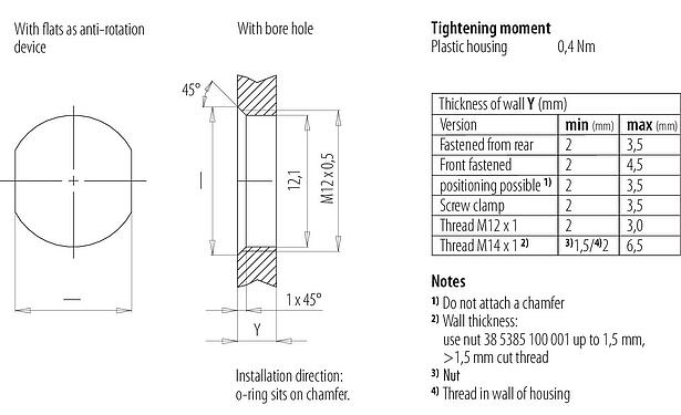 Assembly instructions / Panel cut-out M12 Male panel mount connector, Contacts: 4, unshielded, solder, IP67, M12x0.5, Front mounting
