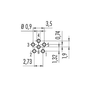 Conductor layout M8 Female panel mount connector, Contacts: 6, unshielded, THT, IP67, UL 2238, M12x1.0, Rear mounting, potted