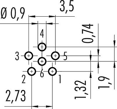 Conductor layout M8 Female panel mount connector, Contacts: 6, unshielded, THT, IP67, UL 2238, M12x1.0, Rear mounting, potted