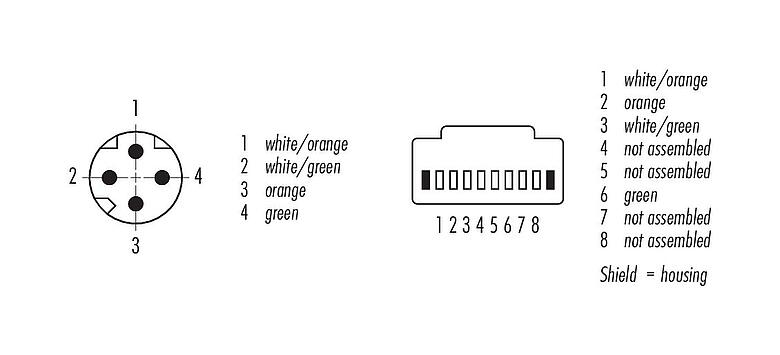 Contact arrangement (Plug-in side) M8 Connecting cable male cable connector - RJ45 connector, Contacts: 4, shielded, molded/crimp, IP67, UL, Ethernet CAT5e, TPE, teal, 2 x 2 x AWG 24, 0.3 m