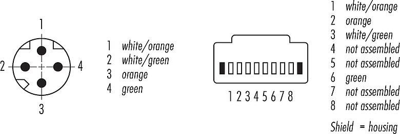 Contact arrangement (Plug-in side) M8 Connecting cable male cable connector - RJ45 connector, Contacts: 4, shielded, molded/crimp, IP67, UL, Ethernet CAT5e, TPE, teal, 2 x 2 x AWG 24, 0.3 m