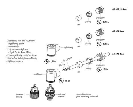 Instructions de montage M12 Connecteur femelle coudé, Contacts: 4, 4,0-6,0 mm, non blindé, pince à visser, IP67, UL 2238