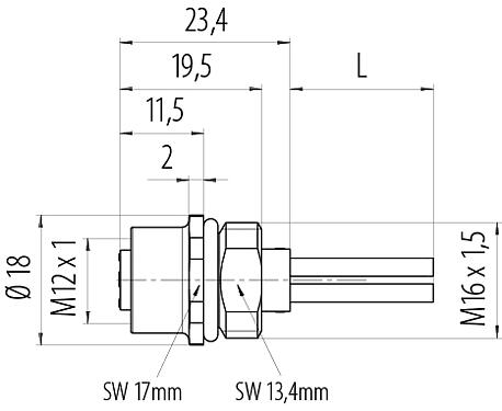 Dibujo a escala M12 Toma de brida, Número de contactos: 4, sin blindaje, hilos, IP68, UL 2238, M16x1,5, Montaje frontal
