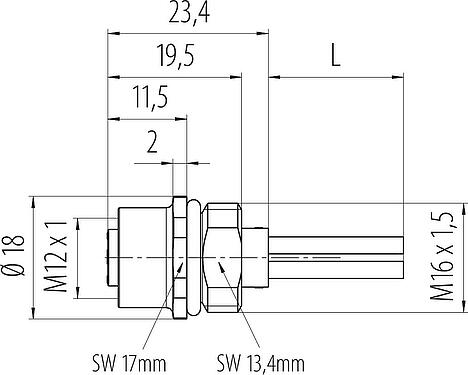 Dibujo a escala M12 Toma de brida, Número de contactos: 4, sin blindaje, hilos, IP68, UL 2238, M16x1,5, Montaje frontal