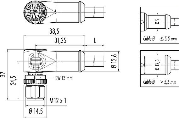 Scale drawing M12 Male angled connector, Contacts: 12, unshielded, moulded on the cable, IP68/IP69K, UL 2238, PVC, grey, 12 x 0.25 mm², 2 m