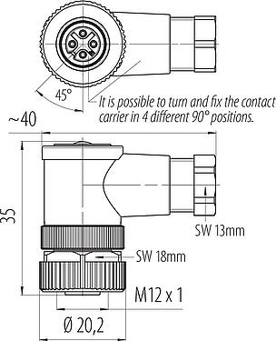Dessin coté M12 Connecteur femelle coudé, Contacts: 4, 4,0-6,0 mm, non blindé, sertir (Les contacts à sertir doivent être commandés séparément), IP67, UL 2238