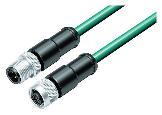 Illustration M12 Câble de raccordement connecteur mâle - connecteur femelle, Contacts: 4, blindé, surmoulé sur le câble, IP67, Ethernet CAT5e, TPE, bleu/vert, 2 x 2 x AWG 24, 0,3 m