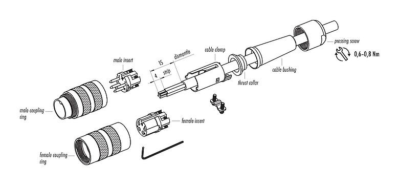Instrucción de montaje M16 Conector de cable hembra, Número de contactos: 2 (02-a), 4,0-6,0 mm, blindable, soldadura, IP40