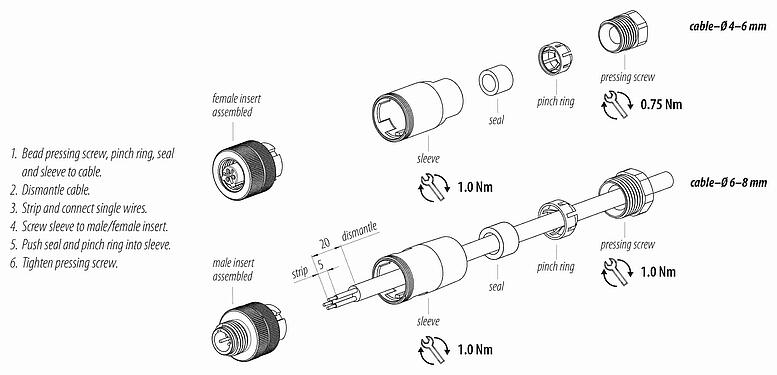Instrucción de montaje 99 2429 12 03 - 1/2 UNF Conector de cable macho, Número de contactos: 2+PE, 6,0-8,0 mm, sin blindaje, tornillo extraíble, IP67, UL