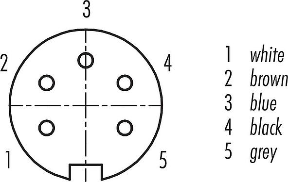Disposition des contacts (Côté plug-in) M16 Connecteur femelle, Contacts: 5 (05-a), non blindé, surmoulé sur le câble, IP67, PUR, noir, 5 x 0,25 mm², 2 m