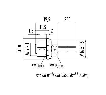 Scale drawing 76 0232 0011 00604-0200 - M12 Female panel mount connector, Contacts: 4, unshielded, single wires, IP68, UL, M16x1.5