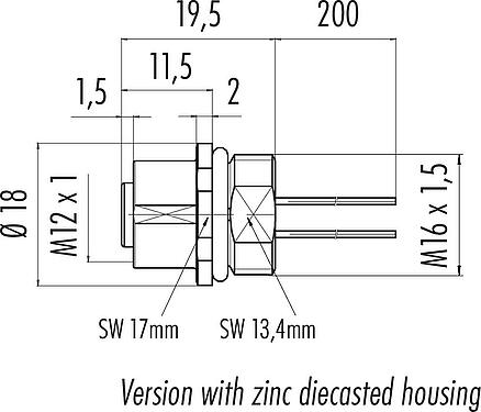 Dessin coté M12 Embase femelle, Contacts: 5, non blindé, fils, IP68, UL 2238, M16x1,5, Montage frontal