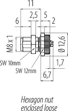 Dibujo a escala M8 Enchufe de brida, Número de contactos: 4, soldadura, IP67/IP69K, M10x0,75, Montaje en pared, con copas de soldadura