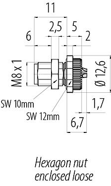 Scale drawing M8 Male panel mount connector, Contacts: 4, solder, IP67/IP69K, M10x0.75, Rear mounting, with solder cups