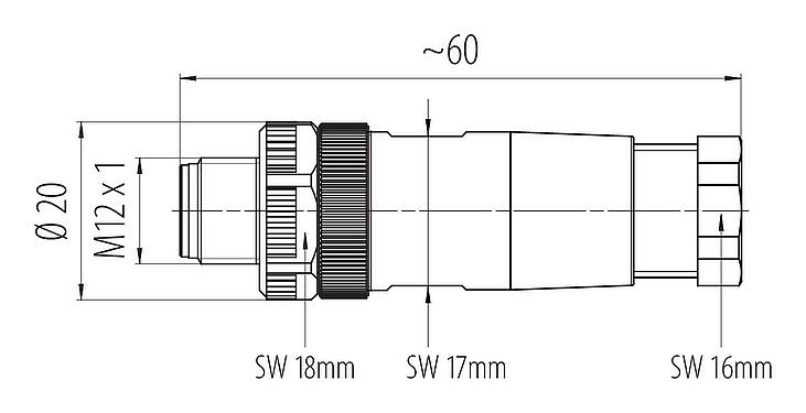 Dessin coté M12 Connecteur mâle, Contacts: 5, 6,0-8,0 mm, non blindé, pince à visser, IP67