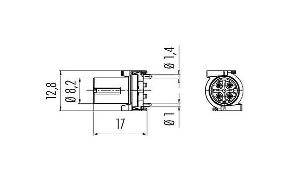 Scale drawing M12 Female receptacle, Contacts: 4, unshielded, SMT, IP67