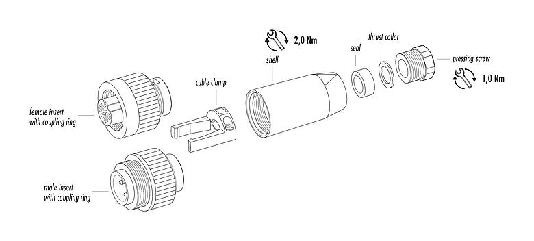 Component part drawing 99 4221 00 04 - RD24 Male cable connector, Contacts: 3+PE, 6.0-9.0 mm, unshielded, screw clamp, IP67, UL, ESTI+, VDE, PG 9