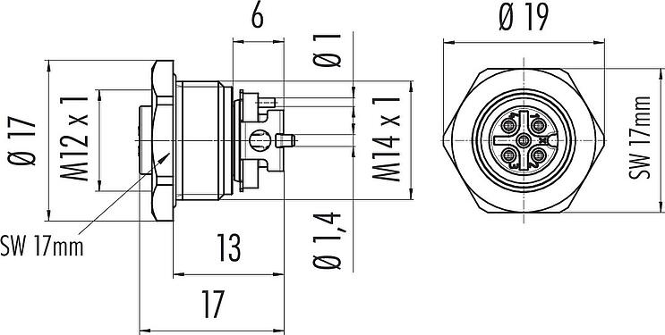 Scale drawing M12 Female panel mount connector, Contacts: 5, unshielded, SMT, IP67, M14x1.0, Front mounting