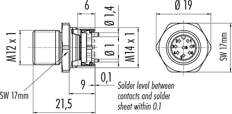 Scale drawing M12 Male panel mount connector, Contacts: 8, shieldable, SMT, IP67, M12x1.0, Front mounting