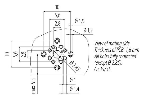 Conductor layout M12 Female panel mount connector, Contacts: 8, shieldable, THT, IP67, UL, M12x1.0, Rear mounting