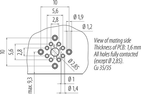 Conductor layout M12 Female panel mount connector, Contacts: 8, shieldable, THT, IP67, UL, M12x1.0, Rear mounting