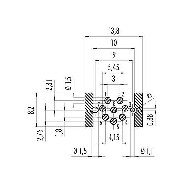 Conductor layout 99 3482 402 08 - M12 Female panel mount connector, Contacts: 8, shieldable, SMT, IP67