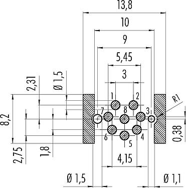 Conductor layout M12 Female panel mount connector, Contacts: 8, shieldable, SMT, IP67, M14x1.0, Front mounting