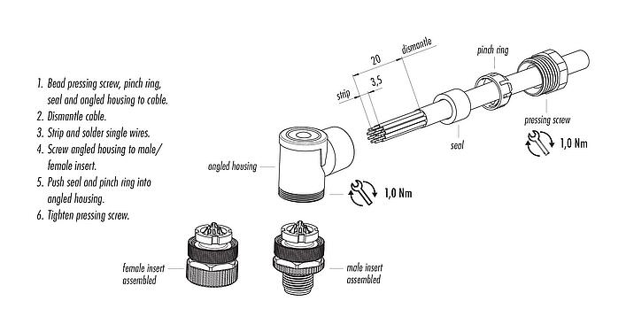Instrucción de montaje M12 Conector hembra en ángulo, Número de contactos: 12, 6,0-8,0 mm, sin blindaje, soldadura, IP67, UL 2238