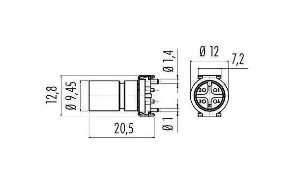 Dibujo a escala M12 Enchufe integrado, Número de contactos: 4, sin blindaje, SMT, IP67