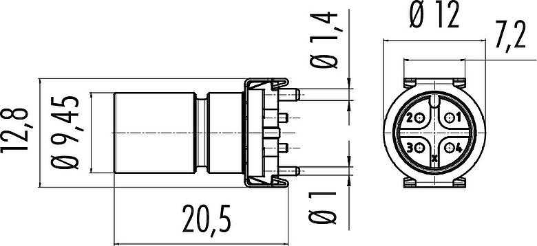 Scale drawing M12 Male receptacle, Contacts: 4, unshielded, SMT, IP67