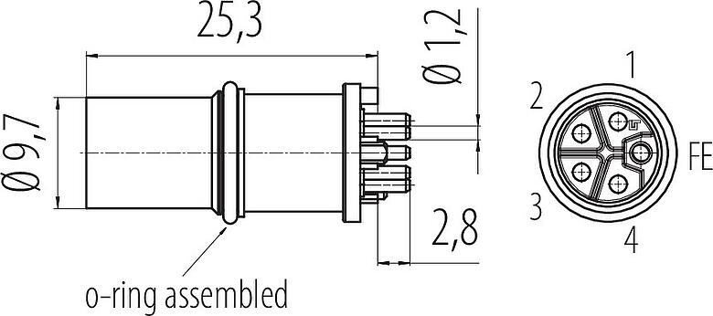 Dessin coté M12 Encastrable mâle, Contacts: 5, non blindé, THR, IP68, UL 2238, Montage frontal