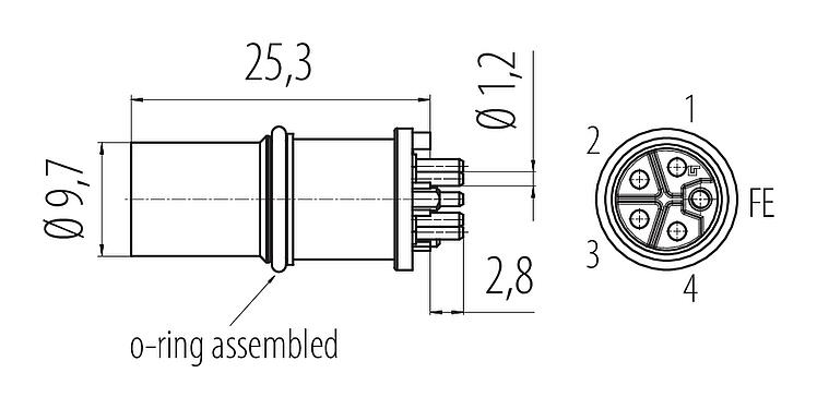 Dessin coté M12 Encastrable mâle, Contacts: 5, non blindé, THR, IP68, UL 2238, Montage frontal