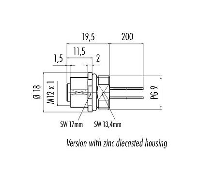 Scale drawing 76 2134 0111 00104-0200 - M12 Female panel mount connector, Contacts: 4, unshielded, single wires, IP68, UL, PG 9, stainless steel