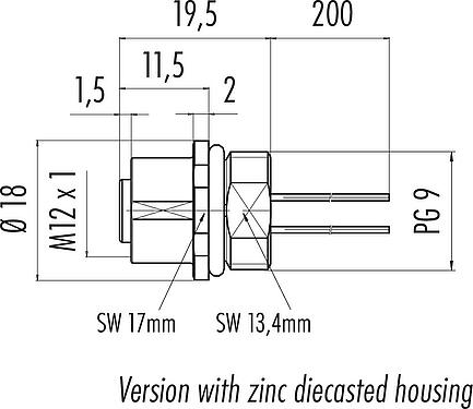 Dessin coté M12 Embase femelle, Contacts: 5, non blindé, fils, IP68, UL 2238, PG 9, Montage frontal