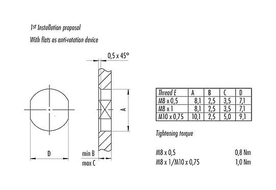 Assembly instructions / Panel cut-out M8 Male angled panel mount connector, Contacts: 4, shieldable, THT, IP67, Rear mounting, potted