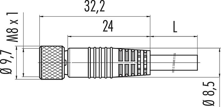 Scale drawing M8 Female cable connector, Contacts: 3, shielded, moulded on the cable, IP67/IP69K, PUR, black, 3 x 0.34 mm², 2 m