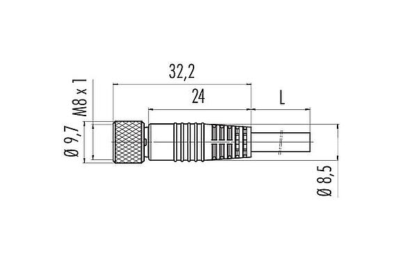 Scale drawing M8 Female cable connector, Contacts: 4, shielded, moulded on the cable, IP67/IP69K, PUR, black, 4 x 0.34 mm², 2 m