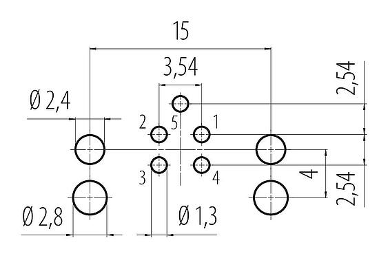 Conductor layout 99 3441 202 05 - M12 Male angled panel mount connector, Contacts: 5, unshielded, THR, IP68, UL 2238, for PCB assembly