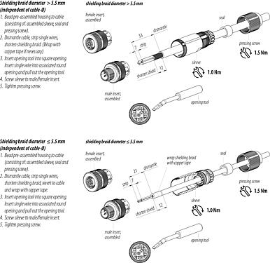 Assembly instructions M12 Female cable connector, Contacts: 5, 5.0-8.0 mm, shieldable, wire clamp, IP67, iris spring