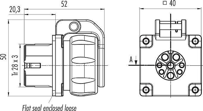 Scale drawing Bayonet Female panel mount connector, Contacts: 4+3+PE, unshielded, crimping (Crimp contacts must be ordered separately), IP68/IP69K, UL 2238, VDE, Front mounting, UV resistant