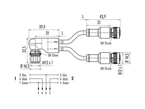 Scale drawing M12 Male angled cable splitter- 2 female cable connectors, Contacts: 4/3, unshielded, moulded on the cable, IP67, UL 2238, PUR, black, 3 x 0.34 mm², 1 m