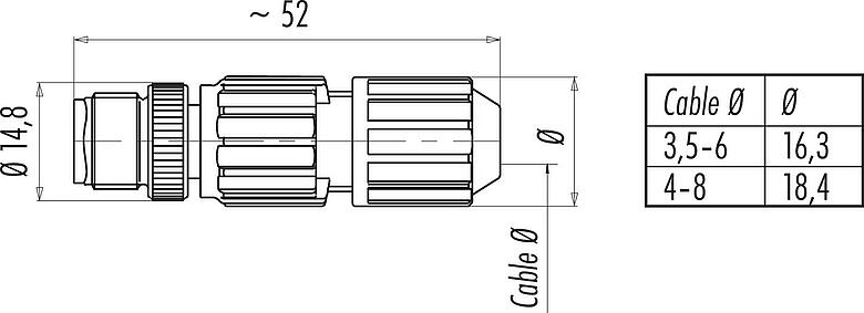 Scale drawing M12 Male cable connector, Contacts: 4, 4.0-8.0 mm, unshielded, IDC, IP67