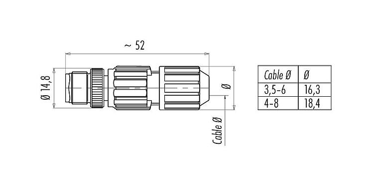 Dessin coté M12 Connecteur mâle, Contacts: 4, 3,5-6,0 mm, non blindé, IDC, IP67