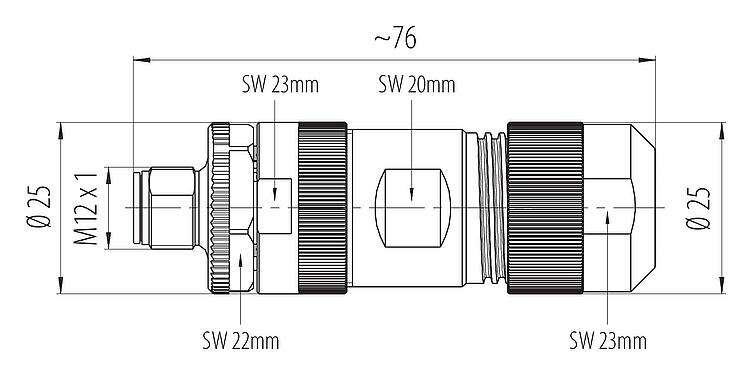 Dibujo a escala M12 Conector de cable macho, Número de contactos: 4+PE, 8,0-13,0 mm, sin blindaje, tornillo extraíble, IP67, UL 2238