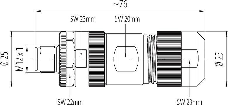 Dessin coté M12 Connecteur mâle, Contacts: 4+PE, 8,0-13,0 mm, non blindé, pince à visser, IP67, UL 2238