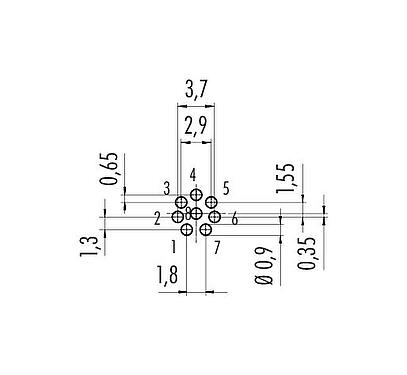 Conductor layout M9 Female panel mount connector, Contacts: 8, unshielded, THT, M9x0,5, Front mounting
