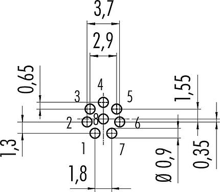 Conductor layout M9 Female panel mount connector, Contacts: 8, unshielded, THT, IP67, M12x0.5, Rear mounting
